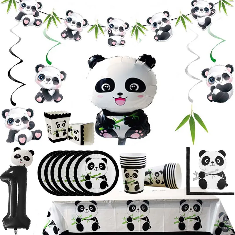 Cartoon Panda Party Dekorationen Folien Ballons Pappteller Tasse Einweg Geschirr Set Kinder Geburtstag Party Baby Dusche Liefert Image