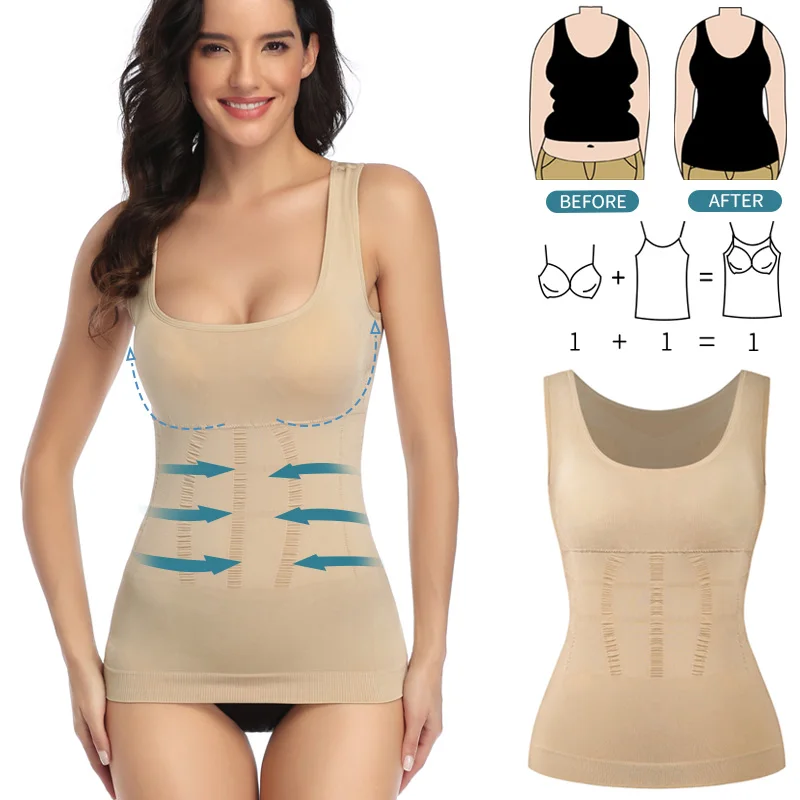 Frauen Gepolsterte Shapewear Leibchen Body Shaper Kompression Shirt Mit Pads Taille Trainer Bauch Abnehmen Tank Tops Naht-freies Korsett Image