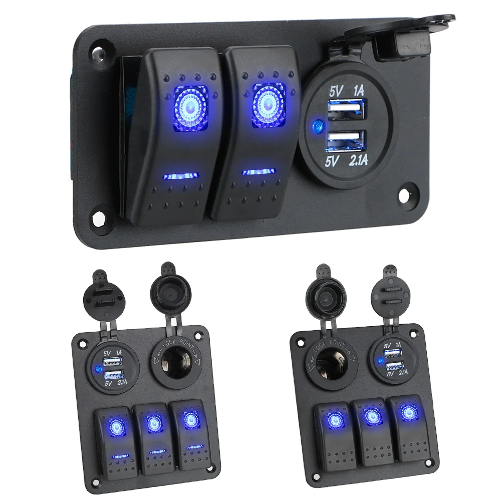 12V 24V Auto Schalter Panel 2/3 Gang Wasserdichte Licht Toggle Control Digital Voltmeter Dual USB Ladegeräte Ports steckdose Kombination Image