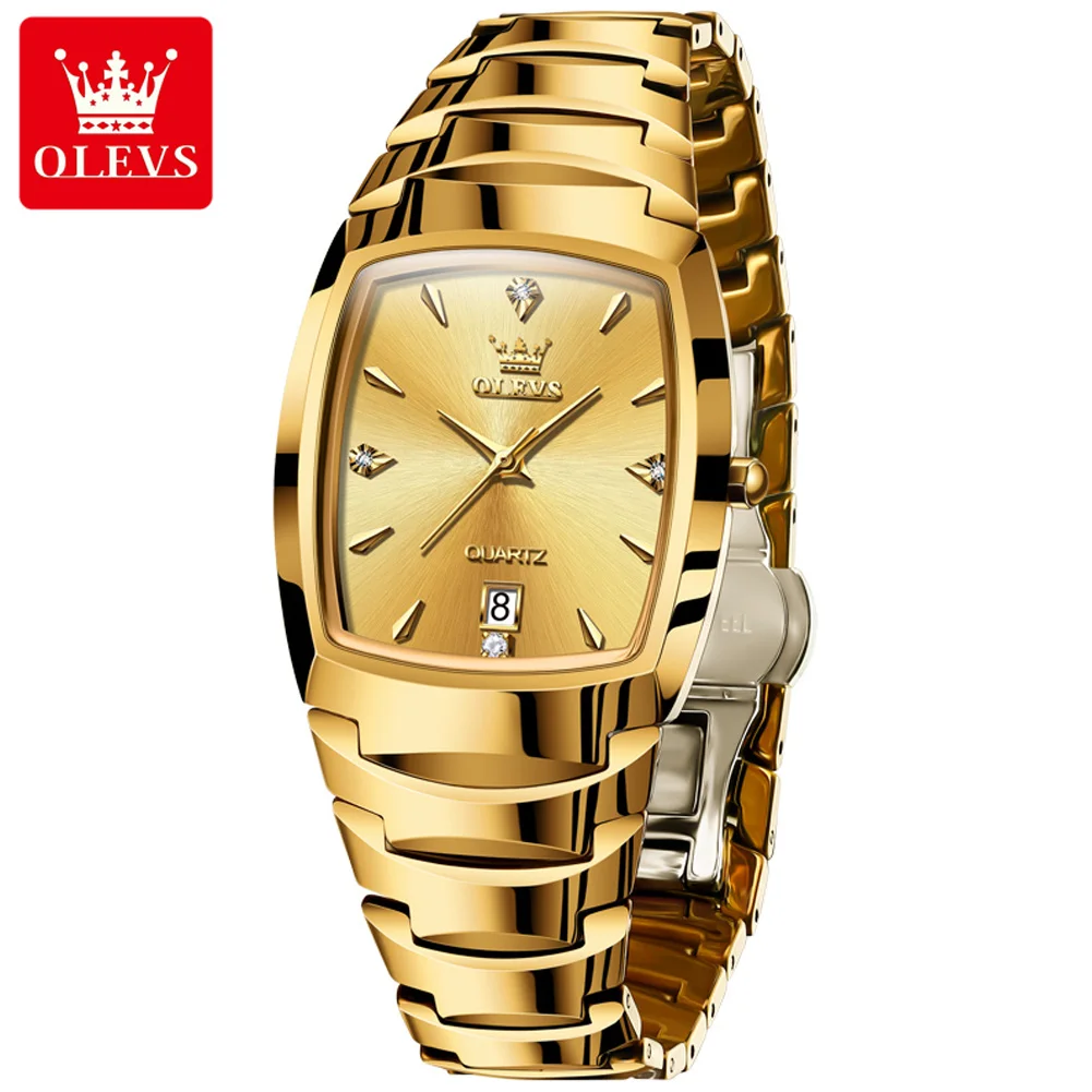 Olevs Gold Wolfram Stahl Quarzuhr für Männer 43mm quadratisches Zifferblatt Business Luxus Armbanduhr wasserdichte Herren uhren Image