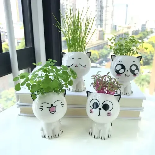 1pc Keramik Blumentopf Mini Katze Cartoon niedlichen Topfpflanze Desktop Katze Blumentopf DIY