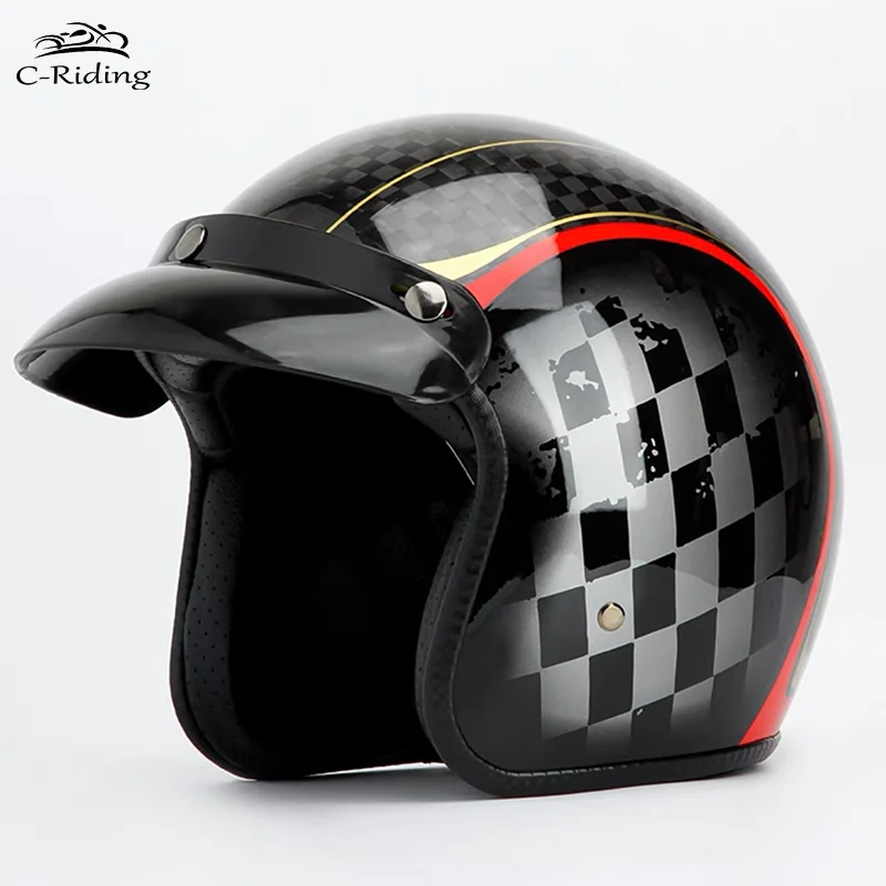 Rotgoldenes Gitter, schwarze Kohlefaser, halbes Gesicht, Motorradhelme, handgefertigt, superleichter Vintage-Helm, 3/4 Scooter-Helm