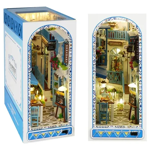 DIY Buch Ecke Kit 3D Holz Puzzle Bücherregal Einsatz Dekor mit warmem Licht Miniatur Puppenhaus nach