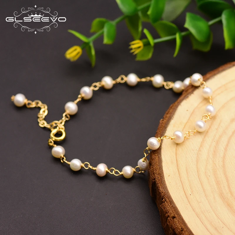 GLSEEVO Original 925 Sterling Silber Natürliche Süßwasser Perle Einstellbare Handgemachte Armband Für Frauen Geschenk Edlen Schmuck GB0142 Image
