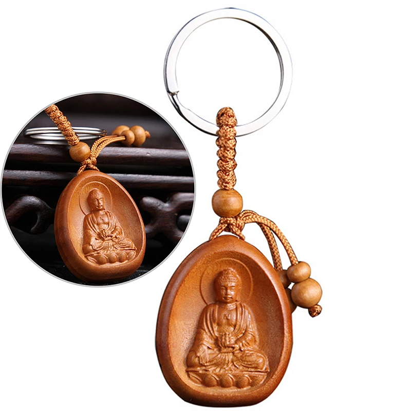 1pc Holz schnitzerei Buddha Anhänger Schlüssel bund Glück Schmuck Schnalle Unisex chinesischen Buddha Schlüssel ring für Auto tasche Schlüssel halter Image
