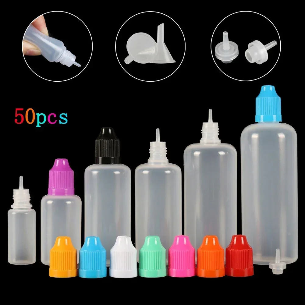 50 Stück (5 ml-120 ml) Tropfflaschen LDPE leere zusammendrückbare Augenflüssigkeit Saftölbehälter CRC-Kappe Tropfspitze + Trichter Image