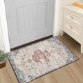 Assile Entryway Rug 2 x 3 Ft Vintage Persian Area Rug Distressed Floral Print Indoor Door Mat Rug Non Slip Throw Kitchen Rug Traditional Entryway Mat for Laundry Bedroom Beige Red