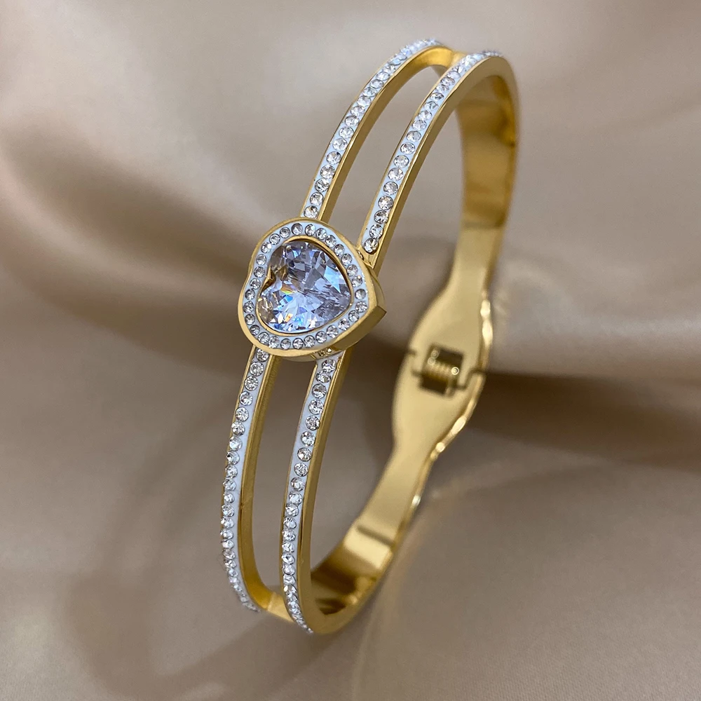 Greatera Zarte Zirkonia Herz Charm Edelstahl Armreifen Armbänder für Frauen Vergoldet Jahrestag Schmuck Geschenk Image