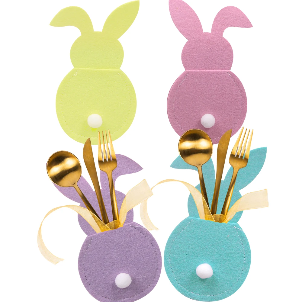 4 Stück Ostern Kaninchen Tasche Vlies Stoff bunte Messer Gabeln Taschen für Kinder glücklich Ostern Home Party Dekor Messer Gabeln Halter Geschenk Image