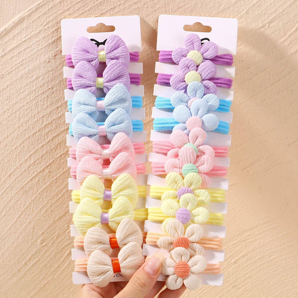 10 stücke Nette Mädchen Nylon Blume Haar Krawatten Elastische Bogen Haar Bands Candy Farbe Zöpfe Haar Seil Gummi Scrunchies Haar zubehör Image