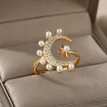Mond und Stern Ringe für Frauen Edelstahl Luxus Imitation Perlen Ring Vintage Paar Ehering Schmuck
