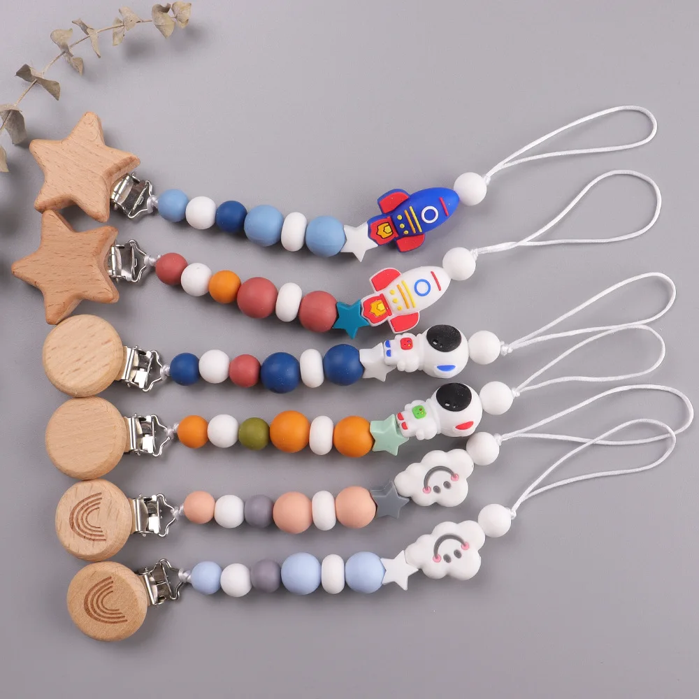 Schnullerhalter für Babys, Jungen und Mädchen, Kette aus lebensmittelechtem Kauen, Silikonperlen, niedliche Raketen-Schnullerclips Image