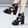 Kleine Größe 32–43, elegante klobige Plateauschuhe für Damen, Sommer, 2022, schwarzes Leder, Block-High-Heels, Gladiator-Sandalen, Büro, Mutter