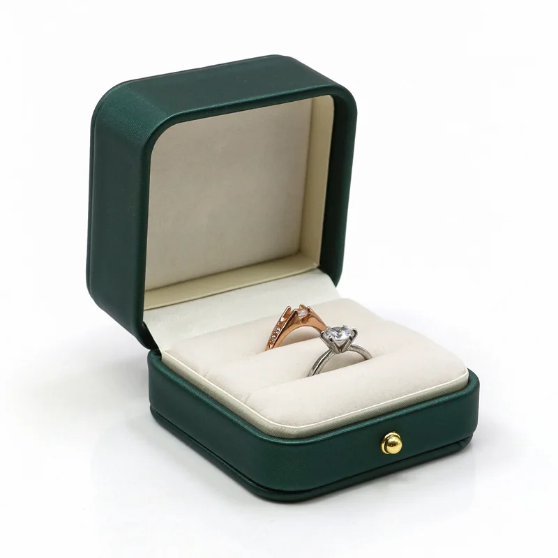Engagement Ring Box Grün Platz Leder Ring Bearer Box Premium Wunderschöne Vintage Doppel Slot Ring Box für Vorschlag Hochzeit Geschenk