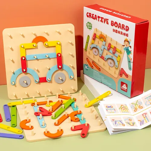 Kinder Holz Geo board Spielzeug Nagel brett geometrische Säule Set Bau Puzzle geometrische Peg board