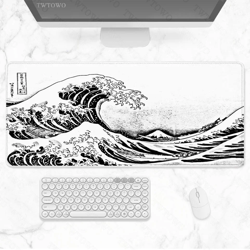 Schwarz & Weiß Japan Art Great Waves Mauspad Gaming XL Custom HD Neues Mousepad XXL Spielmatte Rutschfestes Büro-Computer-Mäusepad Image
