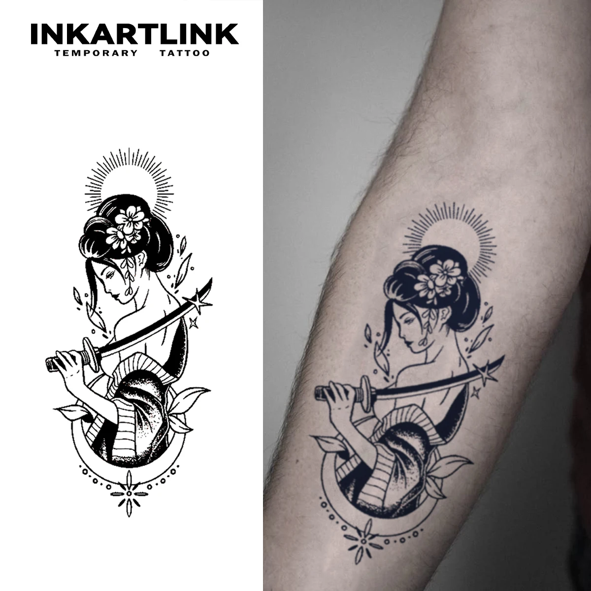 Ukiyo-e Samurai temporärer Tattoo-Aufkleber, wasserfestes magisches Tattoo, hält bis 15 Tage gefälschtes Tattoo, semi-permanentes Tattoo Image