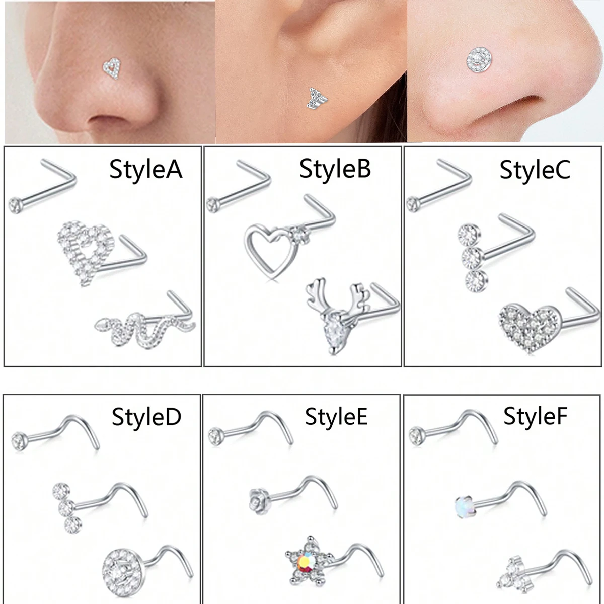 3 Stück Nasenringe Ohrstecker für Damen Herren Nasenring aus chirurgischem Stahl Nasenringe L Korkenzieherförmige Nasenstecker Nasen-Nasenloch-Piercings Image
