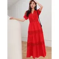 GypsyLady Floral Stickerei Maxi Kleid Rot Baumwolle Spitze 2xxl Sommer Urlaub Kleid Aushöhlen Sheer