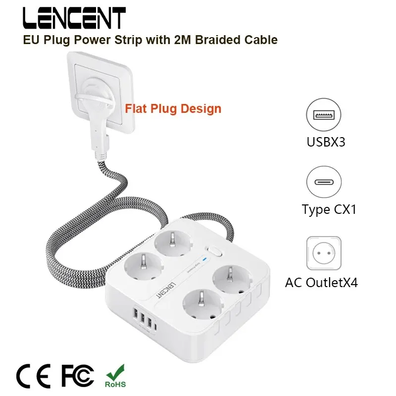 LENCENT EU-Stecker-Steckdosenleiste mit 4 AC-Steckdosen + 3 USB + 1 Typ C + 2 m/3 m geflochtenes Kabel, Mehrfachsteckdose mit Schalter für Zuhause/Büro Image