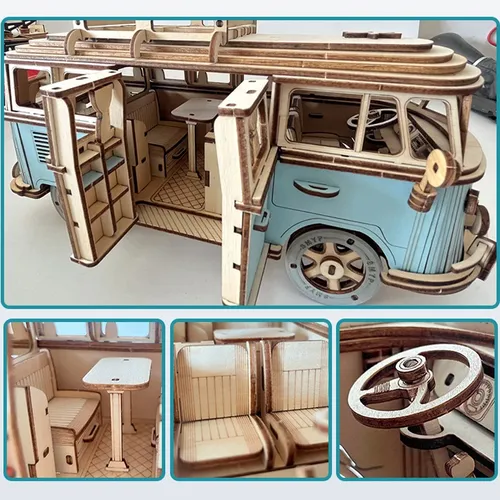 Retro-Bus im europäischen Stil Wohnmobil 3d Holzauto Puzzle DIY Gebäude Haus Puzzle Spielzeug für