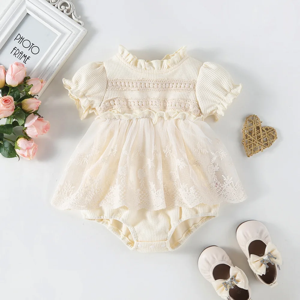 Frühling Sommer feste Prinzessin Baby Mädchen Tutu Rock Stil Bodysuit Kleinkind Kleinkind Waffel ein Stück Spitze Party Outfit Spiel anzug Image