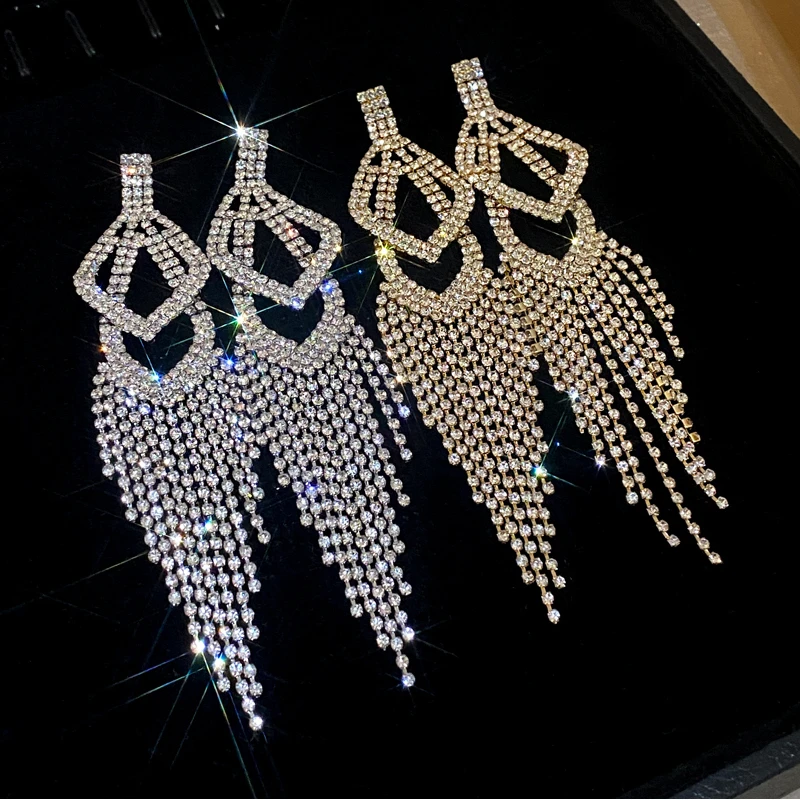 Lange Strass Quaste Ohrringe für Frauen 2024 Neue Mode-Statement Tropfen Ohrring Temperament Sparkle Geometrie Schmuck Weibliche Image