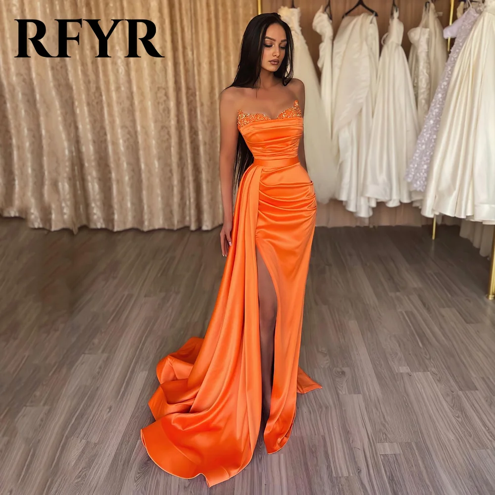 RFYR Meerjungfrau Orange Abendkleider für Frauen Fleck Charmantes Ballkleid Sexy Partykleid mit Perlen Hoher Schlitz Maßgeschneidert