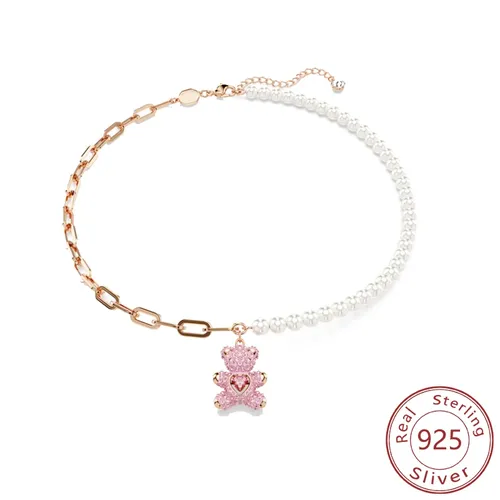 Neue Silber springen rosa Teddybär Anhänger Halskette 3d volle Diamant Halskette