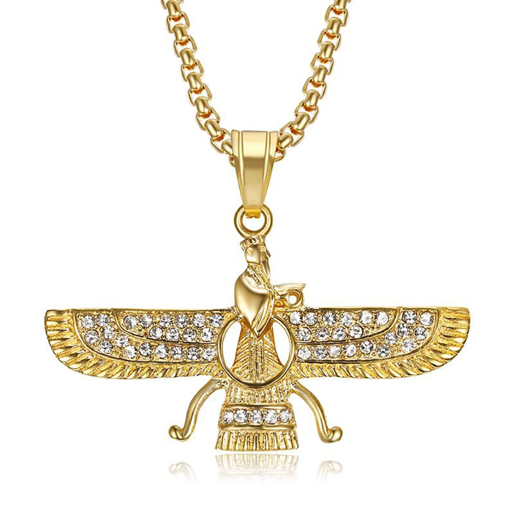 Edelstahl Iran Faravahar Ahura Mazda Anhänger Gold Farbe Zoroastrische Halskette Für Männer Frauen Hip Hop Iced Out Schmuck Geschenk