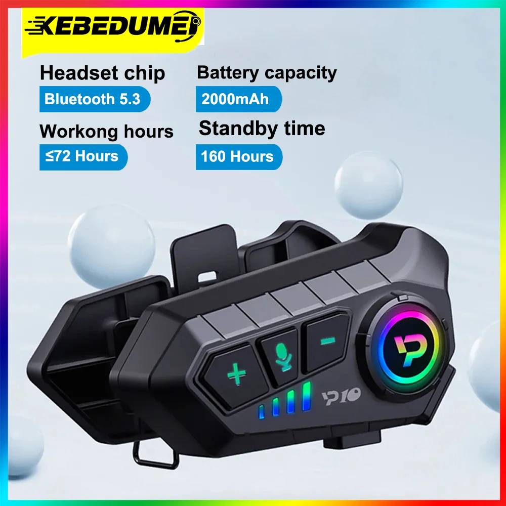 Kebidumei Motorradhelm-Headset, Freisprechanruf, 2000 mAh, Stereo, störungsfrei, wasserdicht, Musik-Player, kabelloser Kopfhörer Image