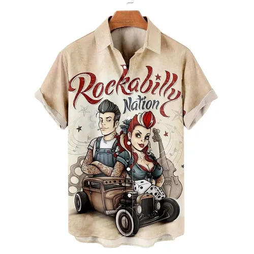 Hemden für Männer 3d Vintage Mode Violine Rocker gedruckt Rockabilly Hawaii Shirt Kurzarm Tops