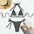 Sexy schwarz glänzend Dreieck Micro Tanga Bikinis Set 2024 Mujer String Halfter Bade bekleidung