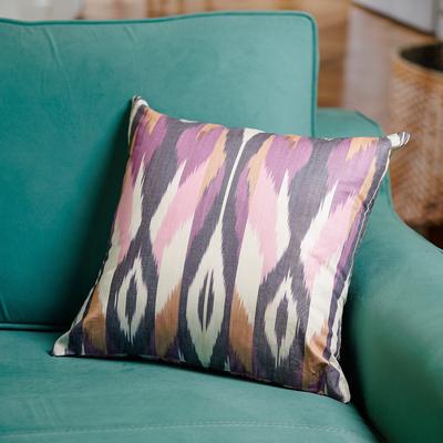 'Peacock-Inspired Ikat Patterned Purple Cotton Cushion Cover'