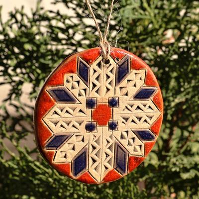 Crimson Blessings,'Painted Floral Crimson and Indigo Ceramic Amulet Home Accent'