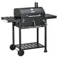 Outsunny Charcoal Barbecue Grill Trolley with Adjustable Charcoal Pan, Galvanised Steel Smoker BBQ Grill with Storage Shelves, Lid, Themometer, Bottle