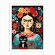 Frida Kahlo Portrait With Black Cat Mexican Painting Botanical Floral Art Print by Mambo