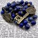 Traditional Handmade Catholic Rosary With Saint Benedict Key Pendent Cross Lapis Lazuli Beads Designed & Made in Scotland Miraculous Medal