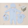 Personalised Baby Boy 5 Piece Gift Set Blue Newborn Size Grey Bunny Design Box With Bow Sleepsuit, Bodysuit, Bib, Hat, Mittens