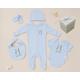 Personalised Baby Boy 5 Piece Gift Set Blue Newborn Size Grey Bunny Design Box With Bow Sleepsuit, Bodysuit, Bib, Hat, Mittens