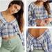 Free People Tops | Free People Marlena Blue Plaid Top V Neck Smocked Cropped Puff Sleeve Top Sz S | Color: Blue/Pink | Size: S