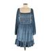 LC Lauren Conrad Casual Dress - A-Line Square Long sleeves: Blue Solid Dresses - Women's Size Medium