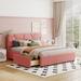 Grey, Pink Queen Size Upholstered Platform Bed with Brick Pattern Headboard and 4 Drawers - Sturdy Construction