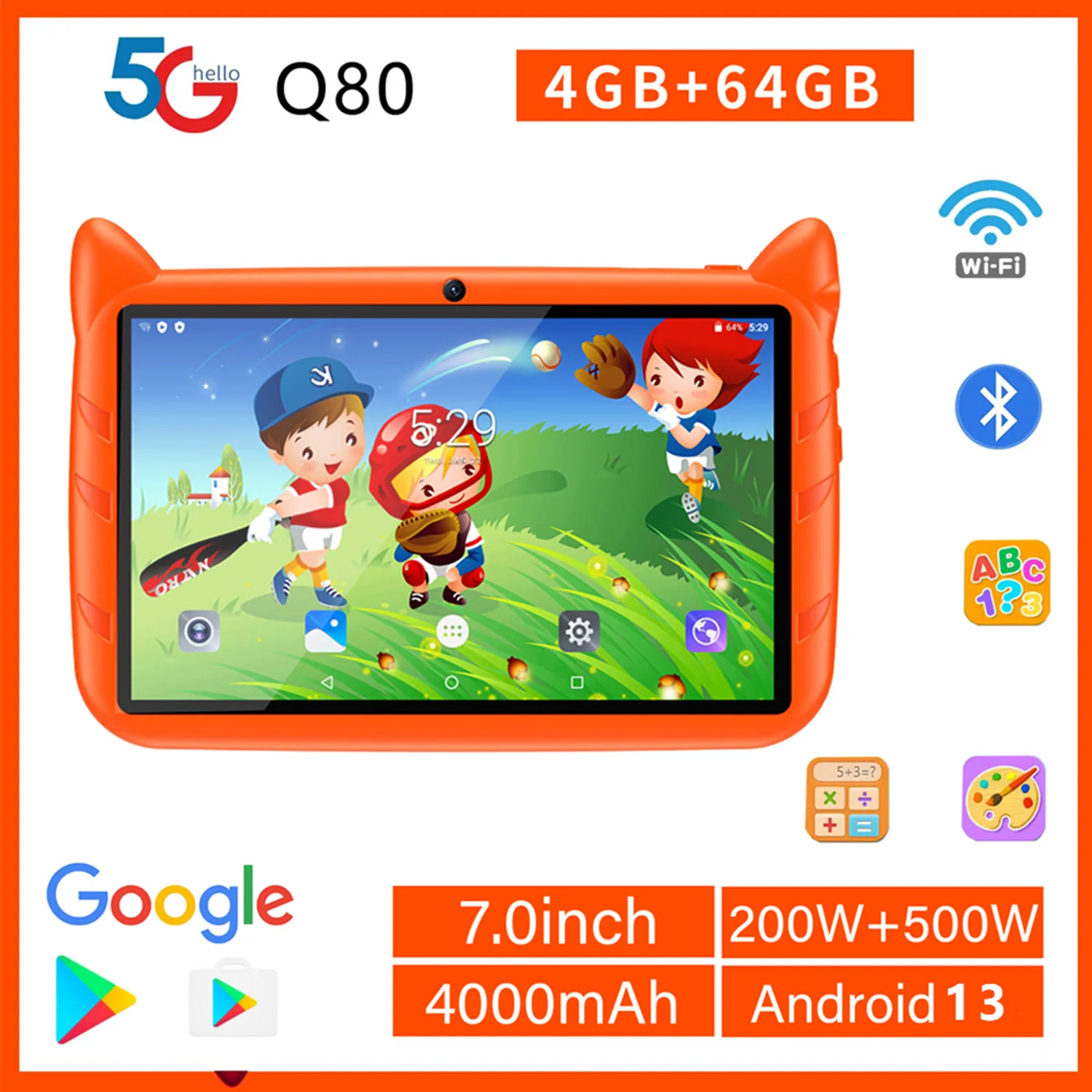 Neues 5G WiFi-Kinder-Tablet, 7 Zoll, Quad-Core, 4 GB RAM, 64 GB ROM, Android 13 Google Learning Education Games Tablets Bluetooth Image