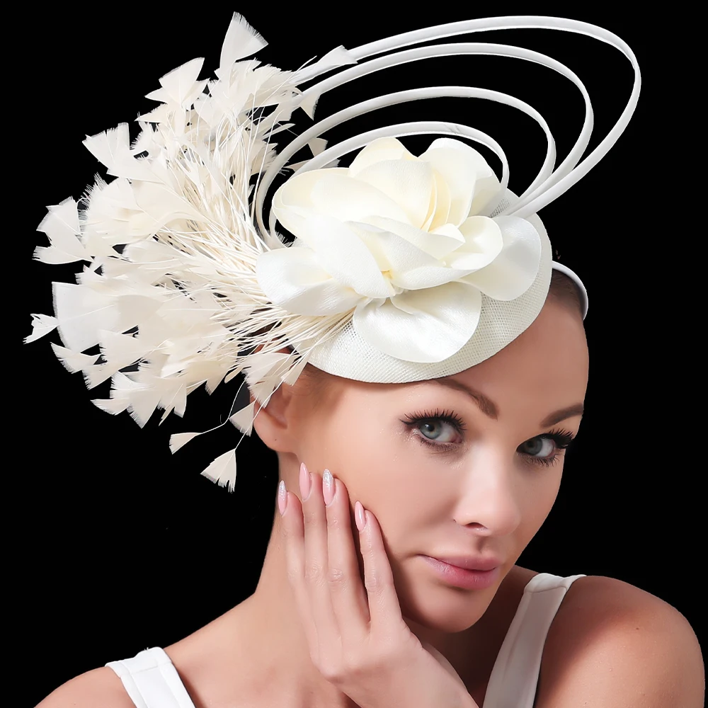 Neue beige Fascinator-Hüte für Rennen, Anlass, Schleife, Braut, Hochzeit, Kirche, Hüte für Damen, schöne, ausgefallene Cocktailparty-Basis, mehrere Farben Image