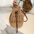 Handmade Women's Summer Straw Beach Shoulder Bag Woven Hollow Drawstring Shoulder Bags Knitted