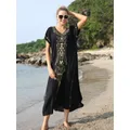 2024 Black Boho Dress Embroidered Robe Beach Cover Up Plus Size Beach Kaftan Tunic For Beach Pareo