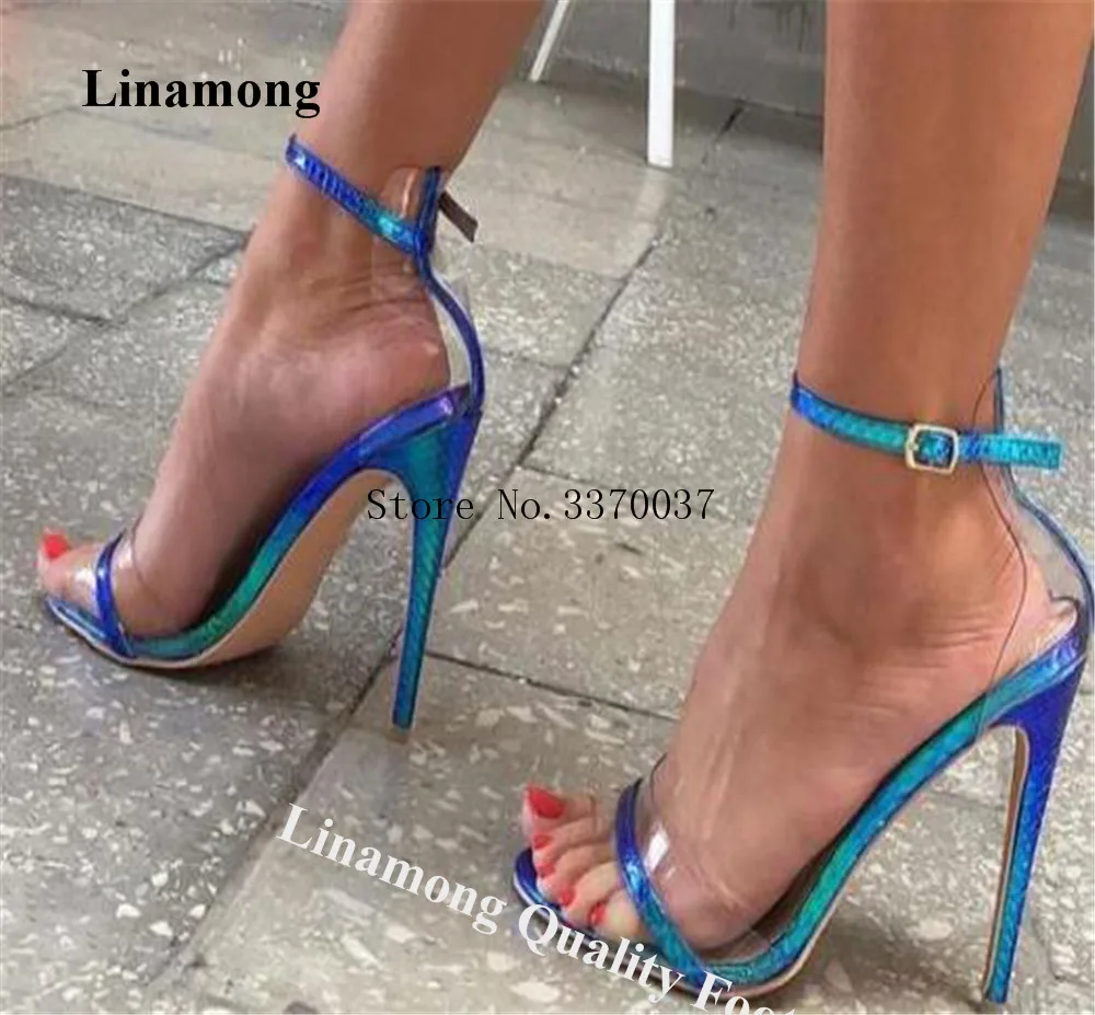 Klar PVC Patchwork Sandalen Linamong Sexy Offene spitze Transparent Schwarz Leder Stiletto Ferse Kleid Schuhe Party Club Heels