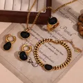 E.B.belle Black Agate Heart Pendant Earrings Bracelet Necklace Ring 316L Stainless Steel 18K Gold