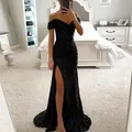 Elegant V-Neck Off Shoulder Maxi Dress Sequin Pleated Short Sleeve Waist Tight Evening Party Prom